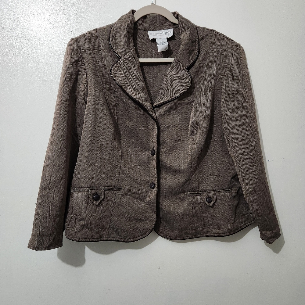 Sag Harbor Herringbone Brown Size 18 Faux Leather Detail Trim Plus Size Blazer